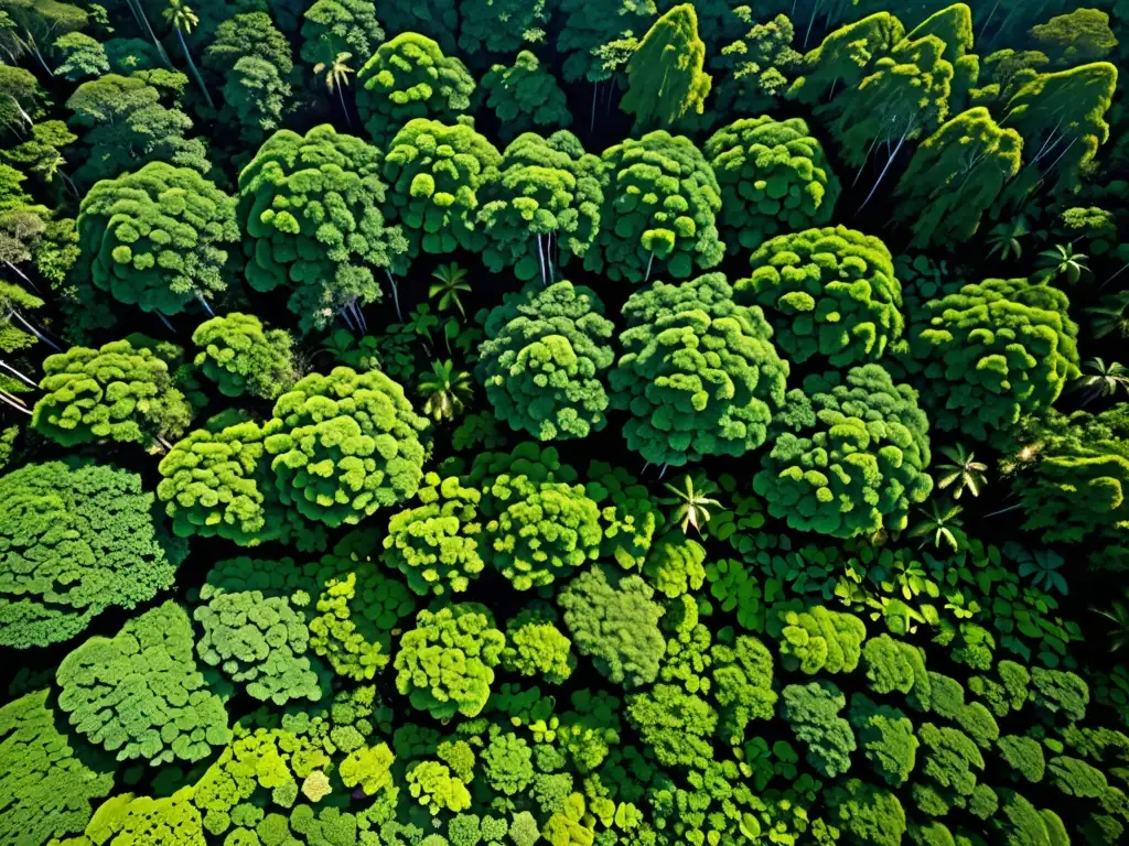 Vista aérea de un exuberante bosque lluvioso, resaltando su diversidad y la importancia del Derecho Ambiental internacional en eventos climáticos