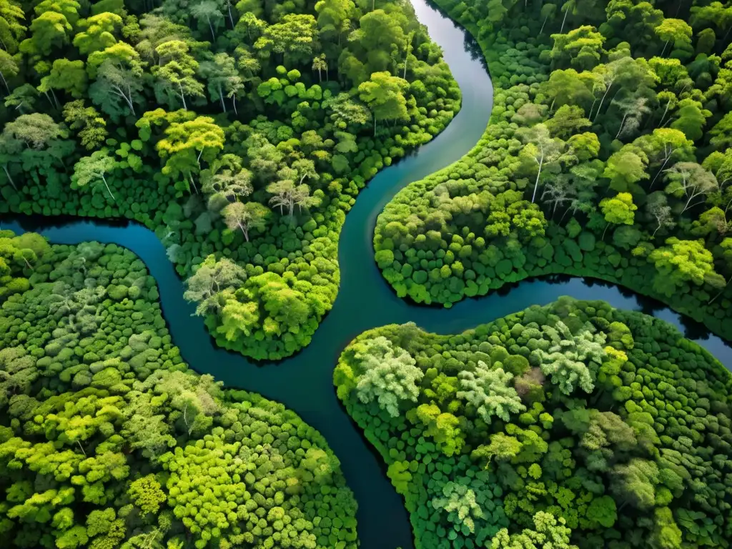 Vista aérea de un exuberante bosque biodiverso con un río serpenteante reflejando la luz del sol