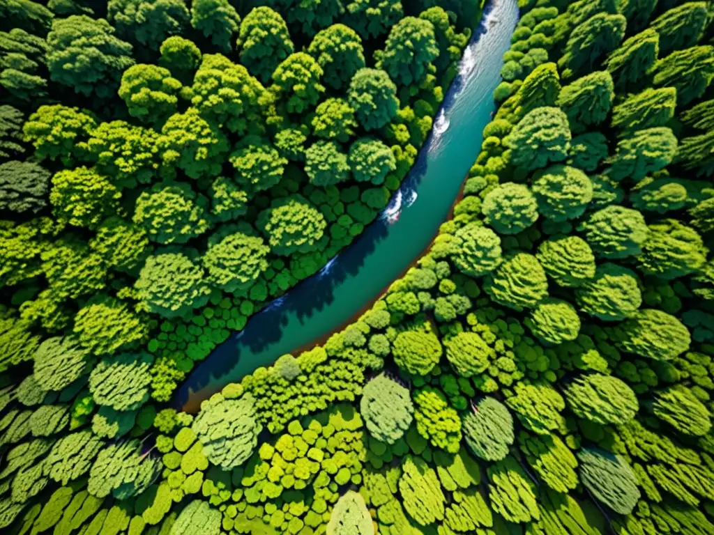 Vista aérea de un exuberante bosque con un río, destacando la importancia de los derechos ambientales en constituciones América