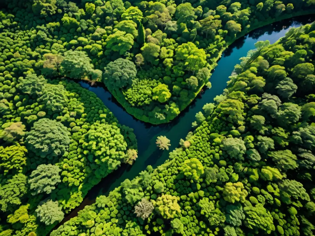 Vista aérea de un exuberante bosque protegido bajo la Directiva Aves y Hábitats, resaltando la biodiversidad y la belleza natural