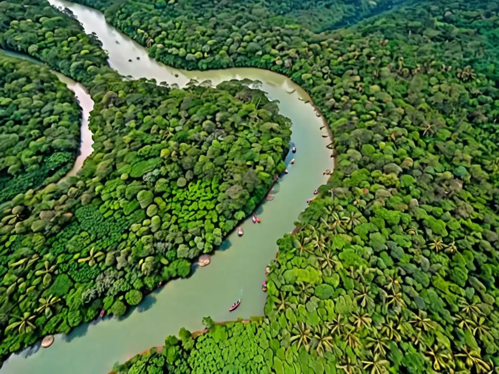 Vista aérea de exuberante bosque asiático con río serpenteante, comunidades indígenas y su armonía con la naturaleza