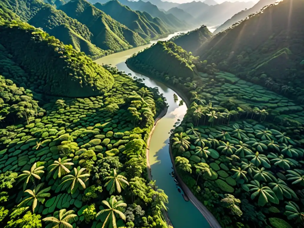 Vista aérea de exuberante bosque asiático, con río serpenteante, montañas al fondo y comunidad indígena, destacando coexistencia con la legislación ambiental