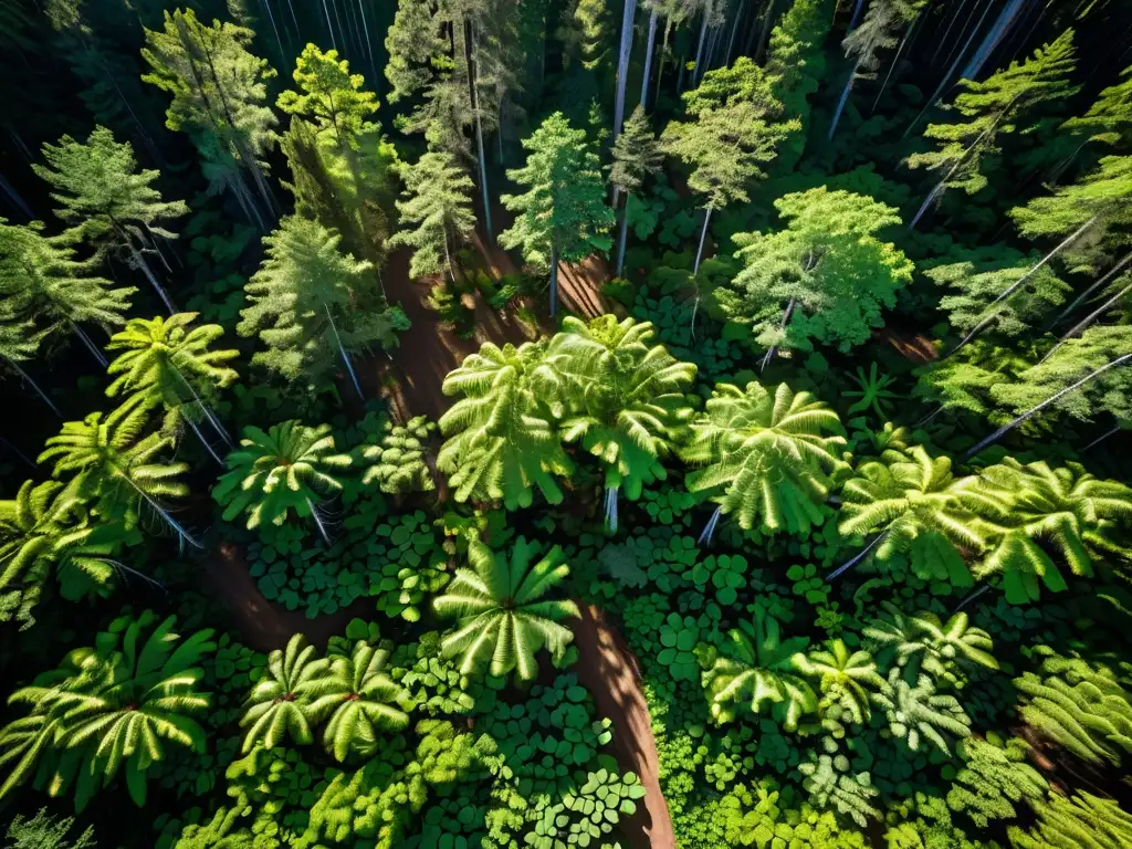 Vista aérea de un exuberante bosque con luz solar filtrándose entre el dosel, creando patrones de luz y sombra