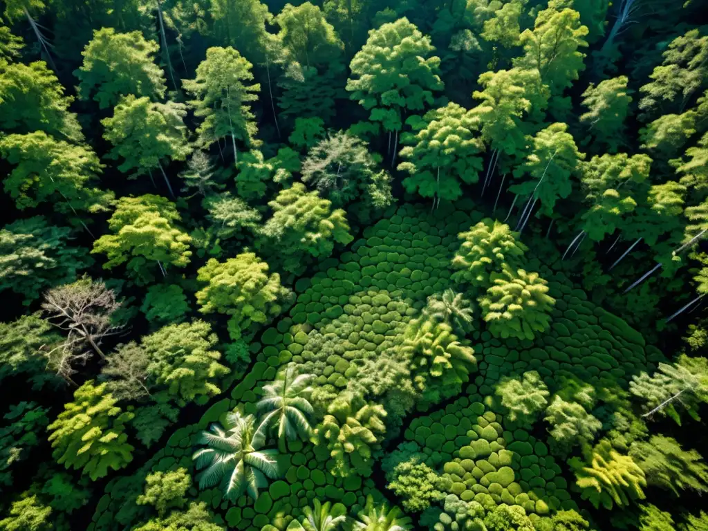 Vista aérea de un exuberante bosque verde con luz solar filtrándose, creando patrones en el suelo