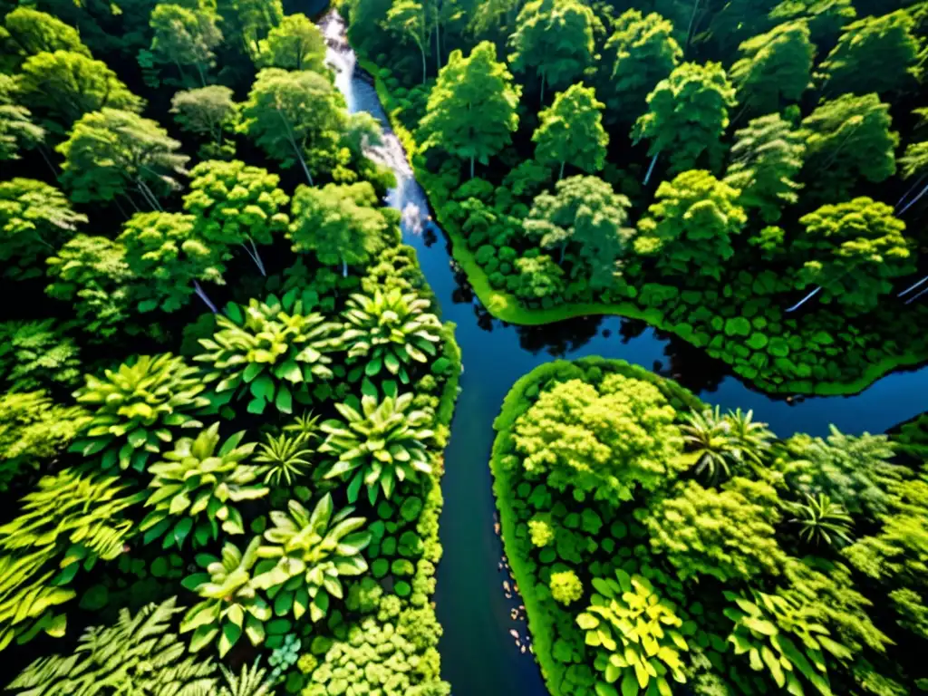 Vista aérea de un exuberante bosque verde con un arroyo, resaltando la importancia de la Responsabilidad empresarial en legislación ambiental