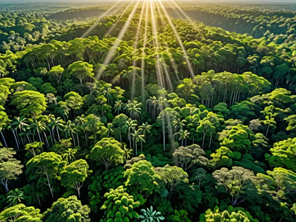 Vista aérea de un exuberante bosque verde con luz solar filtrándose a través del denso dosel, resaltando la belleza y la importancia de preservar hábitats naturales para la captura de carbono y la biodiversidad