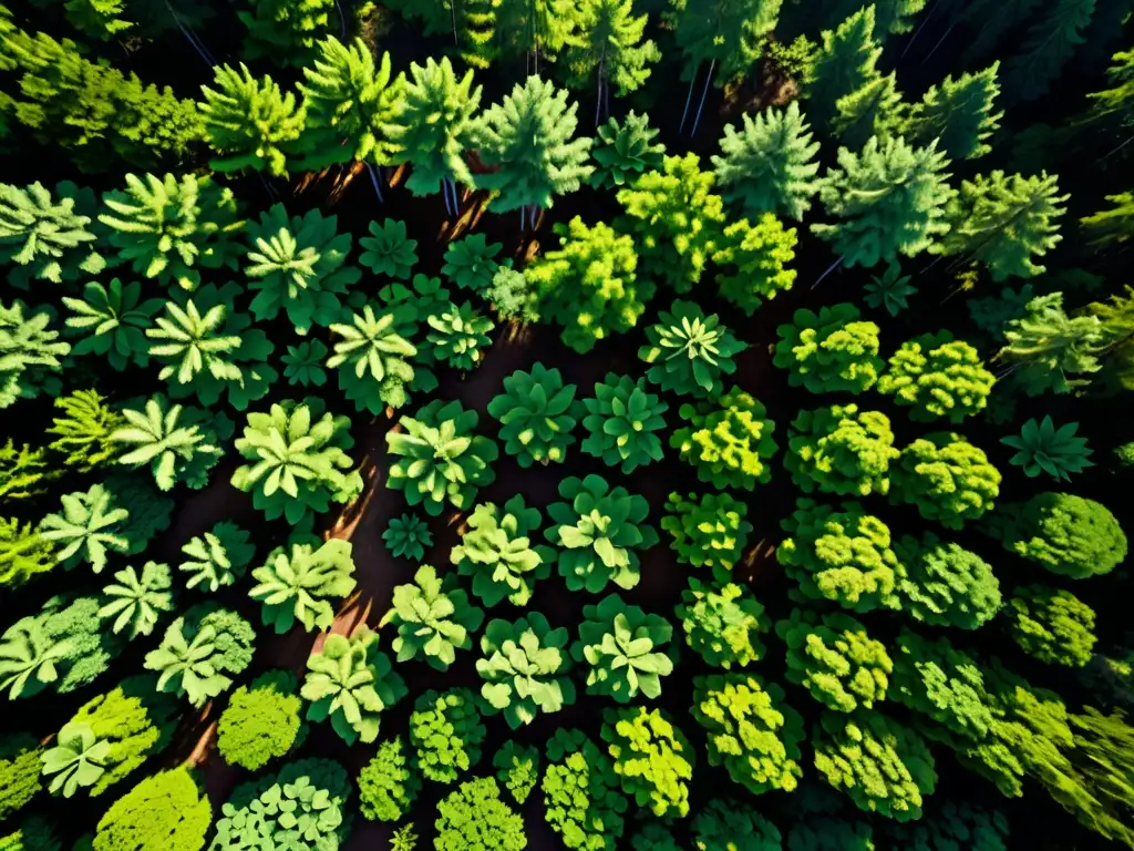 Vista aérea de un exuberante bosque verde con luz solar filtrándose a través del denso dosel, creando patrones de luz y sombra