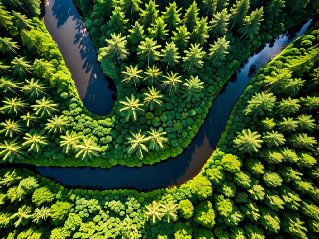 Vista aérea de exuberante bosque con río serpenteante, resalta biodiversidad