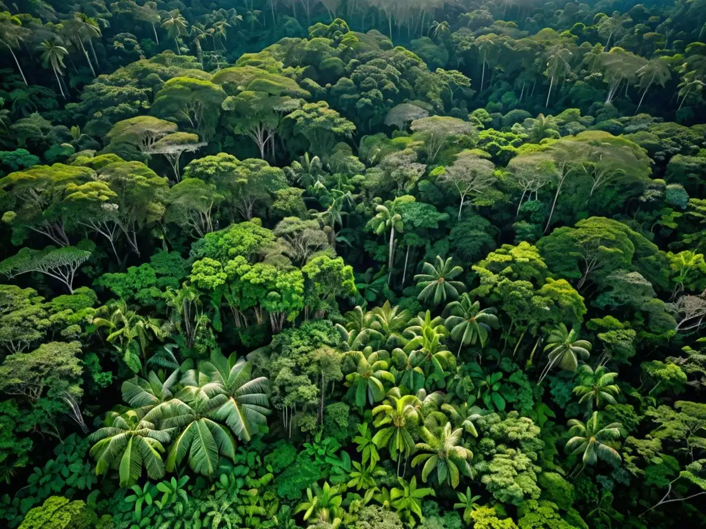 Vista aérea de un exuberante bosque tropical con árboles imponentes y follaje verde vibrante, iluminado por la luz