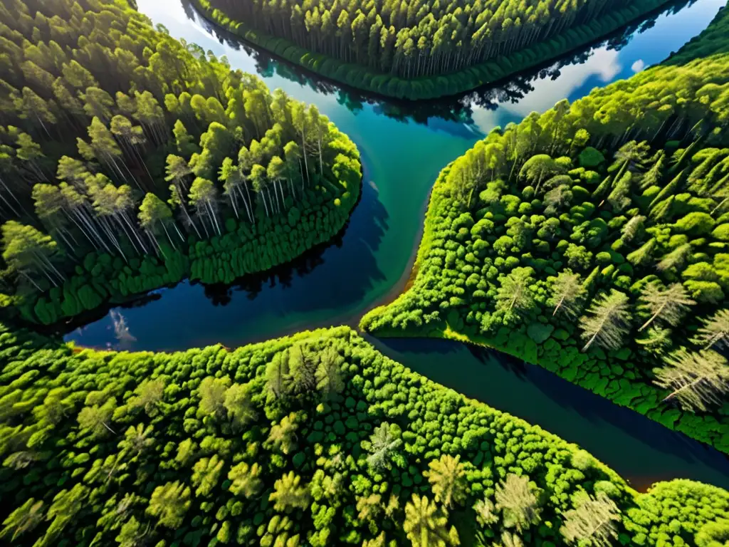 Vista aérea de un exuberante bosque verde con un río serpenteante