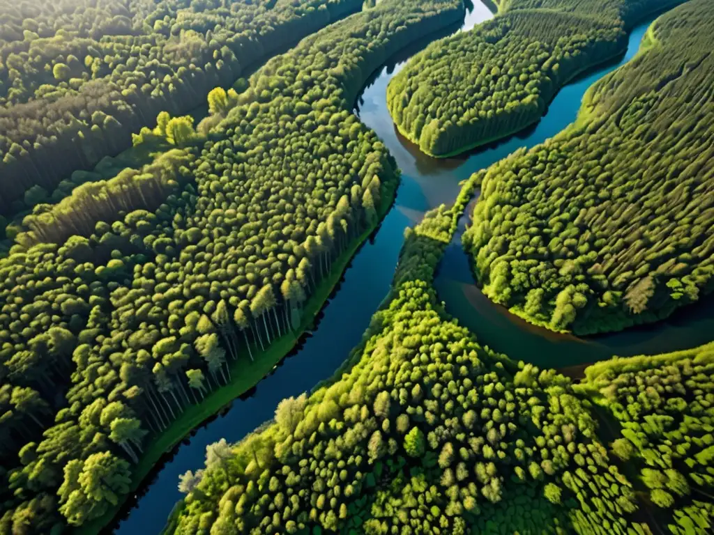 Vista aérea de un exuberante bosque europeo con ríos serpenteantes