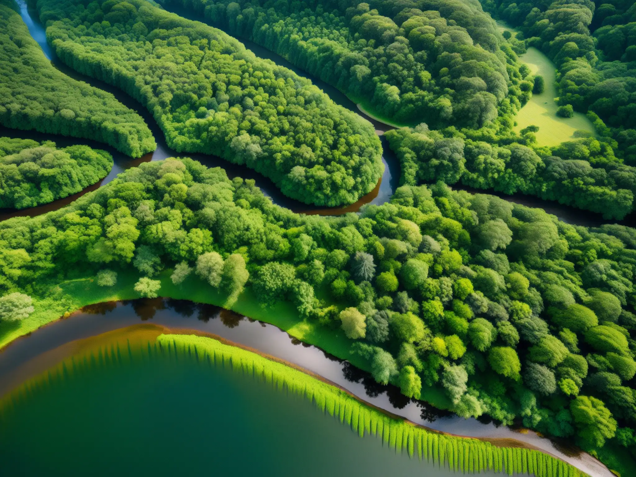 Vista aérea de un exuberante bosque verde con un río serpenteante