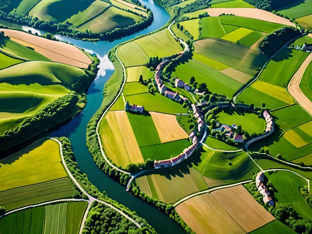 Vista aérea de la exuberante campiña europea, río serpenteante y pueblos entre colinas