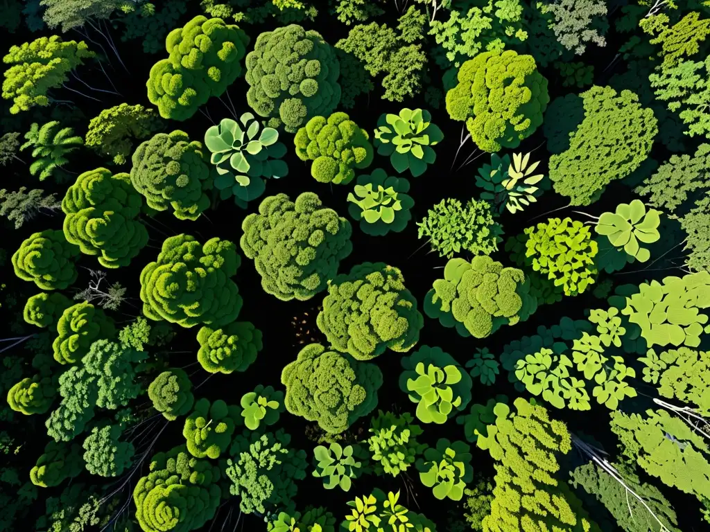 Vista aérea de un exuberante dosel de selva tropical con follaje verde vibrante y diversidad de especies