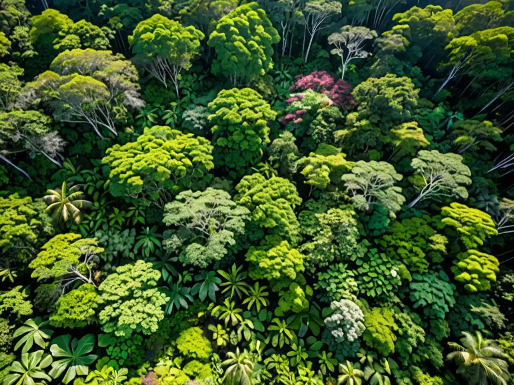 Vista aérea de un exuberante dosel de selva lluviosa con vida silvestre diversa y flores coloridas