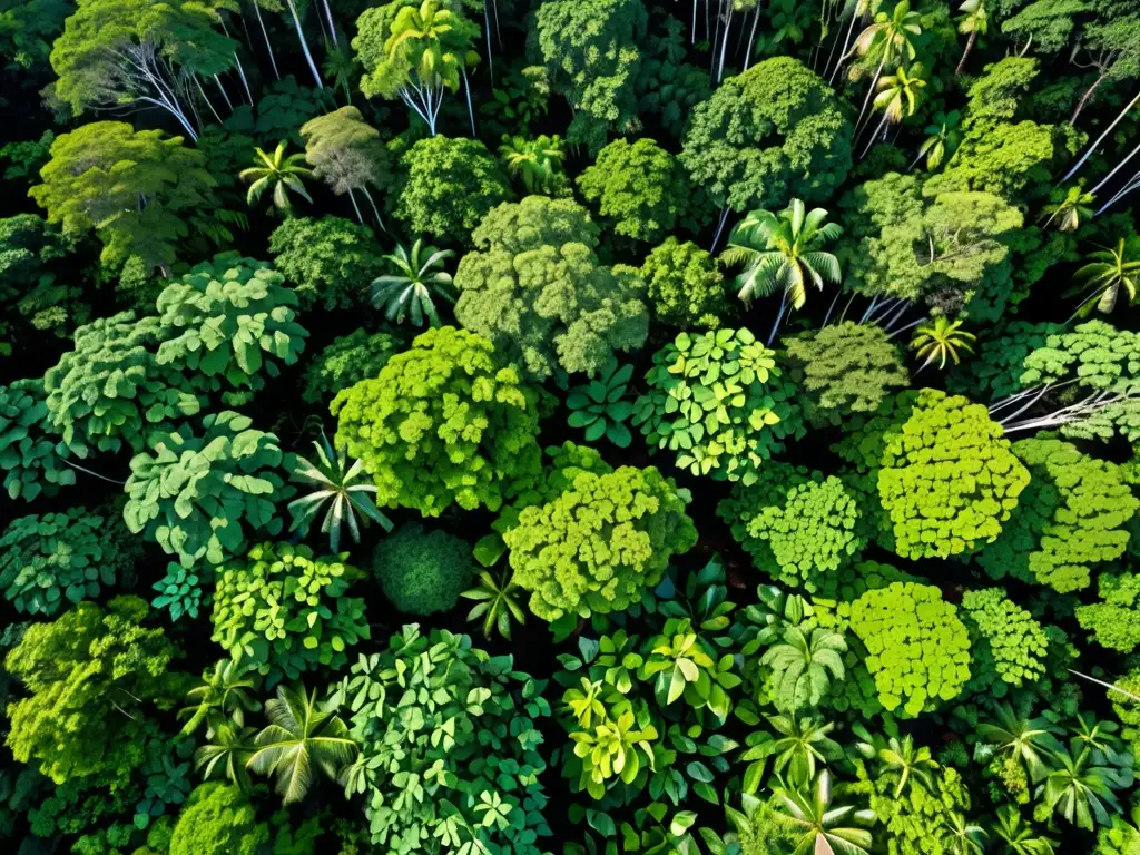 Vista aérea de un exuberante dosel de selva lluviosa, con una gran diversidad de tonos verdes vibrantes y la luz solar filtrándose entre las hojas