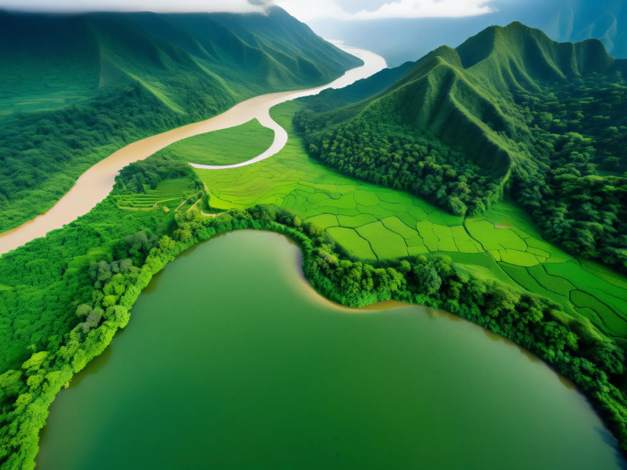 Vista aérea de exuberante paisaje en Asia, resaltando la importancia de la legislación ambiental en zonas de conflicto