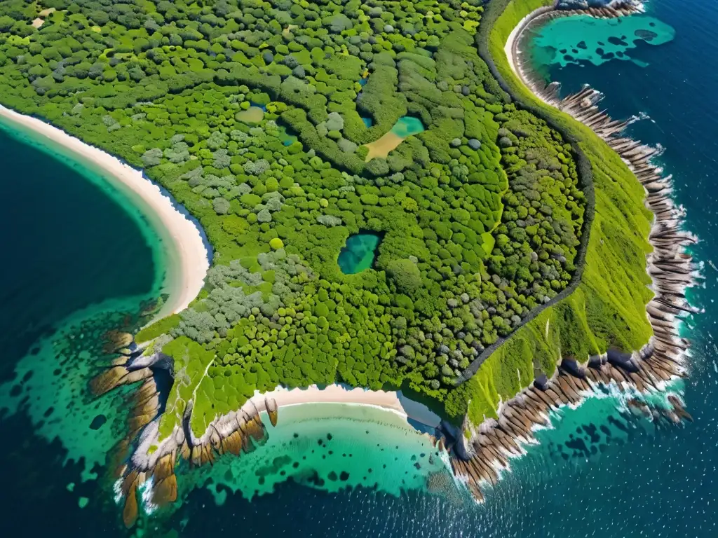 Vista aérea de exuberante paisaje costero, resaltando la importancia de la evaluación de impacto ambiental para preservar la biodiversidad