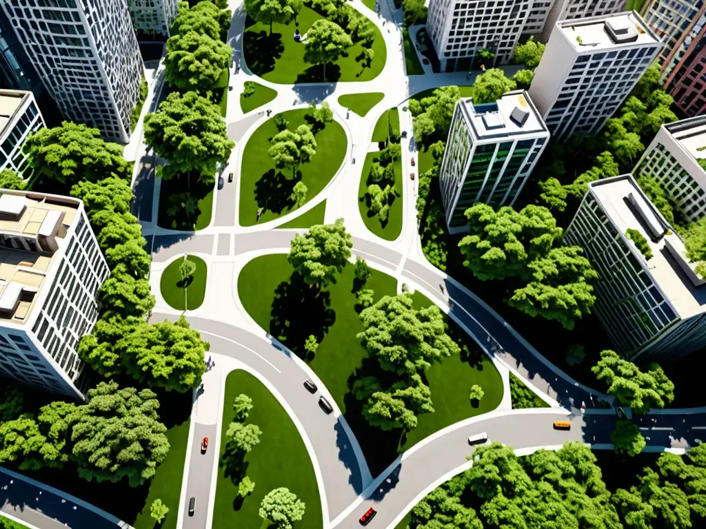 Vista aérea de un exuberante parque urbano con ciclovías serpenteantes, reflejando la legislación transporte ecológico en zonas verdes