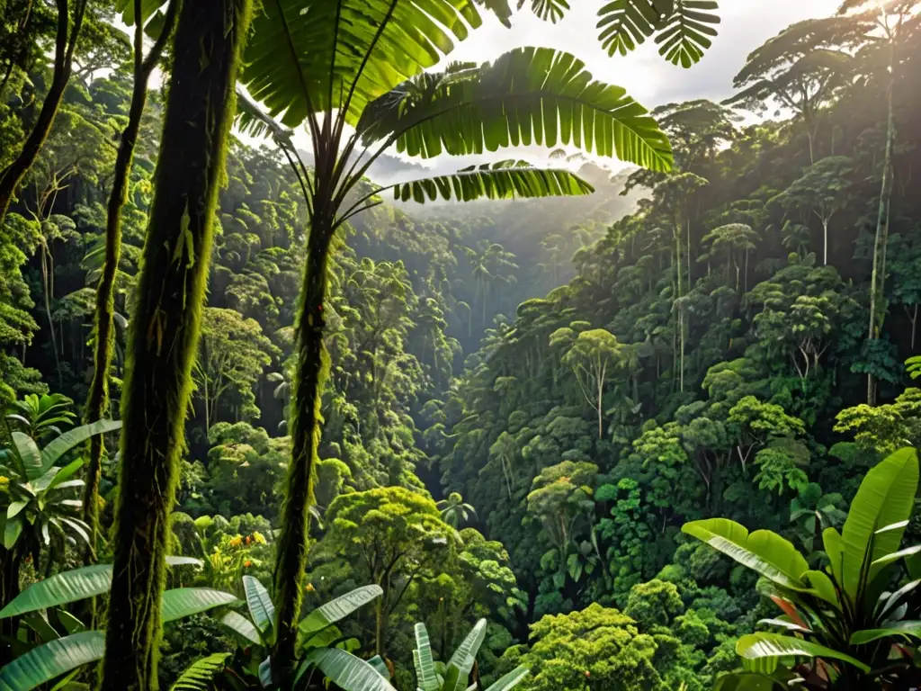 Vista aérea de exuberante selva tropical con diversa flora y luz solar filtrándose entre las copas de los árboles