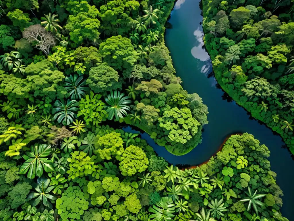 Vista aérea de exuberante selva lluviosa con biodiversidad, ríos serpenteantes y luz filtrándose entre hojas