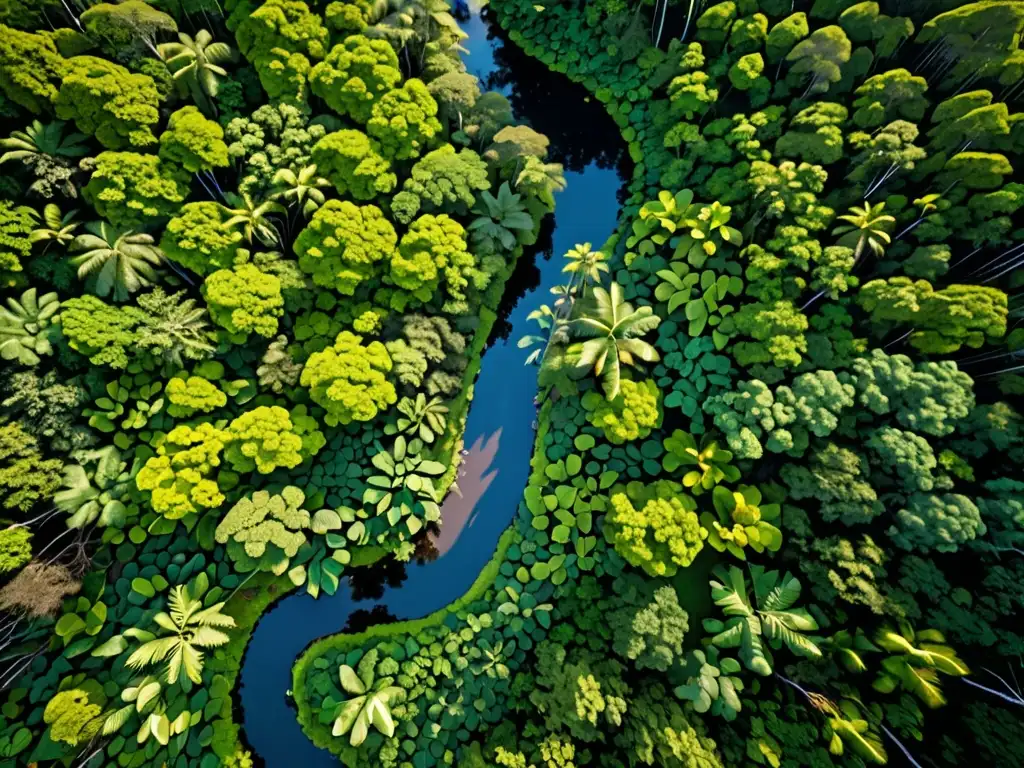 Vista aérea de exuberante selva biodiversa, ríos serpenteantes, vida silvestre