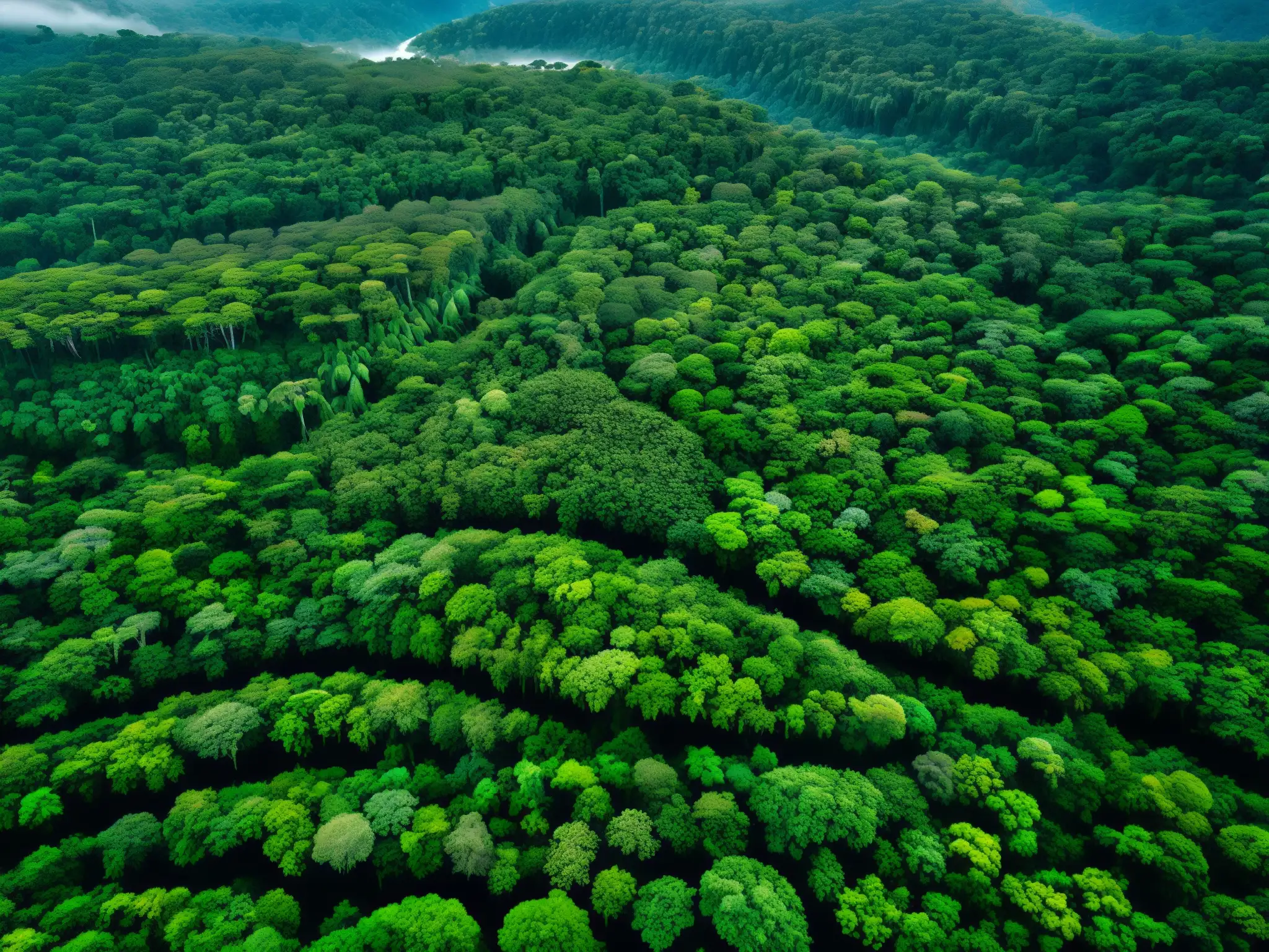 Vista aérea de exuberante selva tropical con diversa flora y fauna