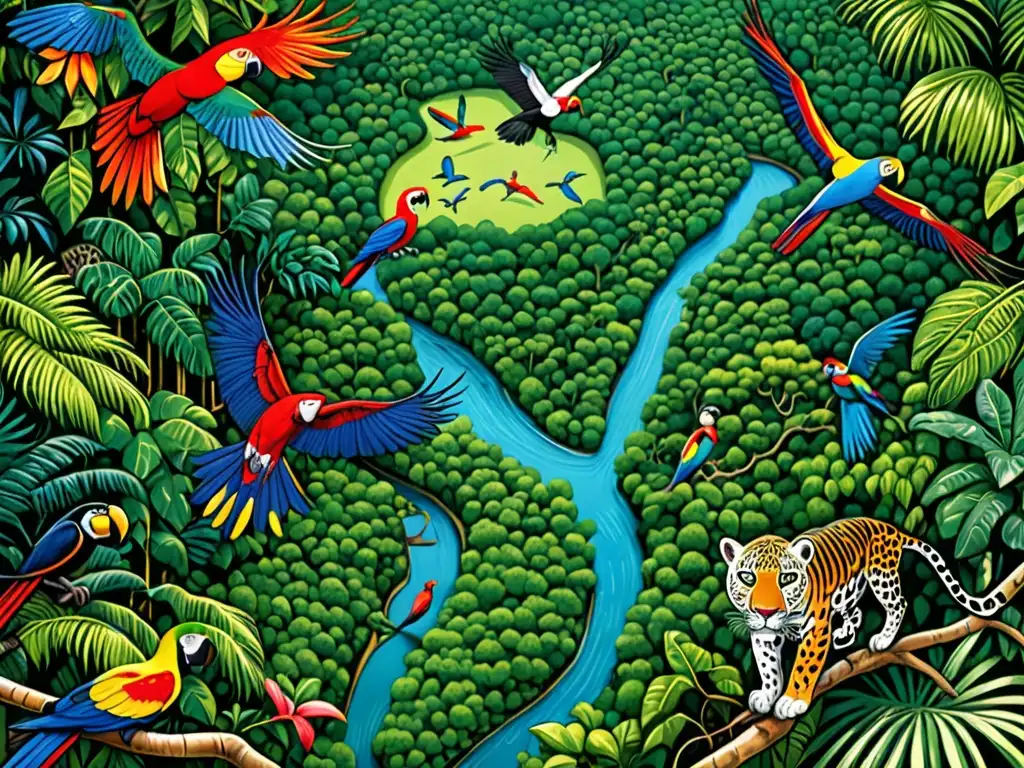 Vista aérea de la exuberante selva con jaguar, aves coloridas y río serpenteante