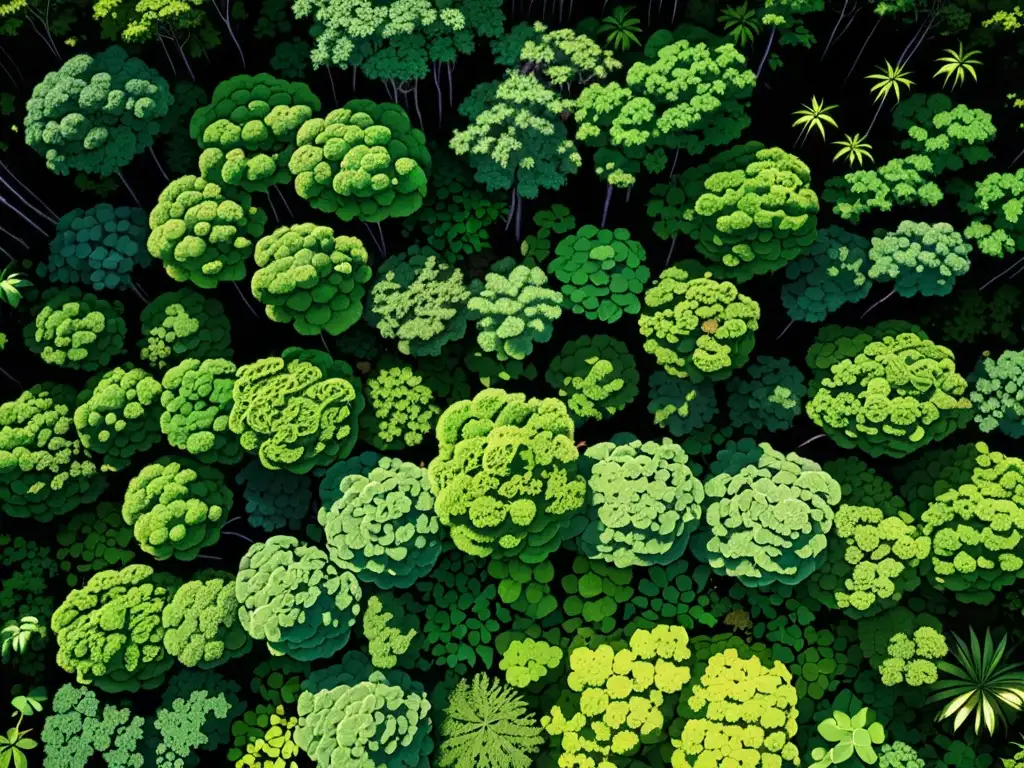 Vista aérea de exuberante selva tropical con árboles verdes altos y diversidad de vegetación