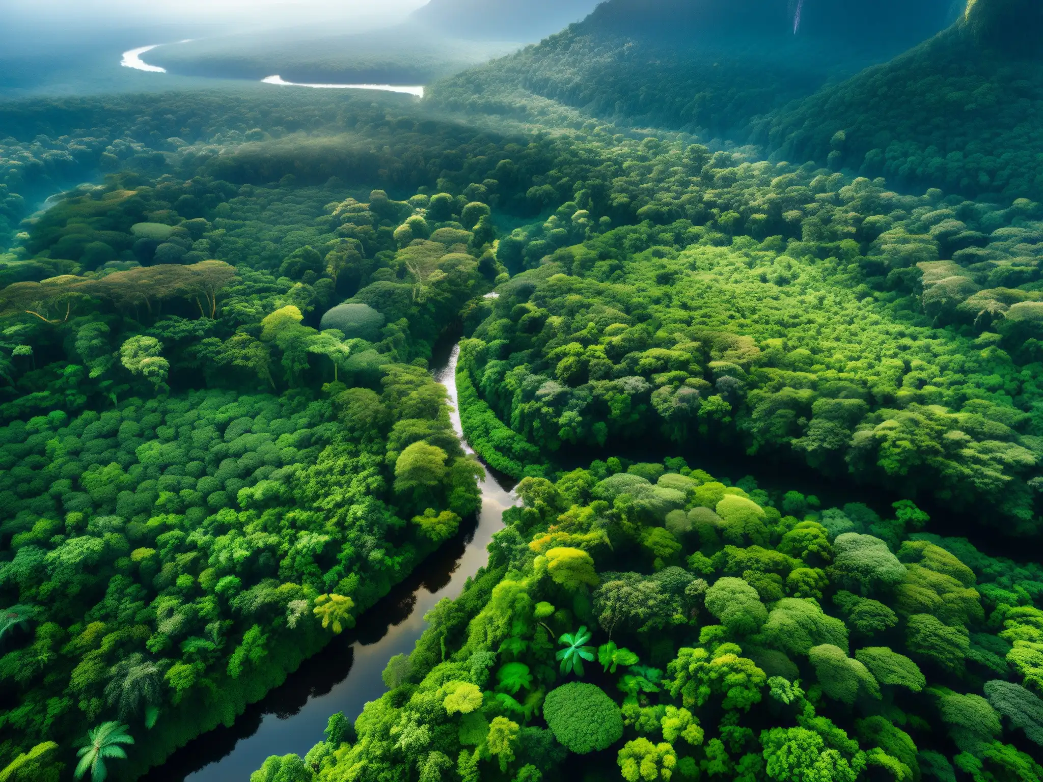 Vista aérea de exuberante selva con ríos serpenteantes