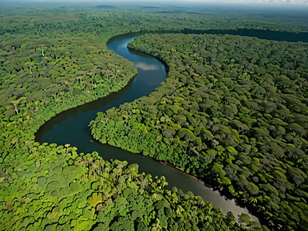 Vista aérea de exuberante selva, río reluciente