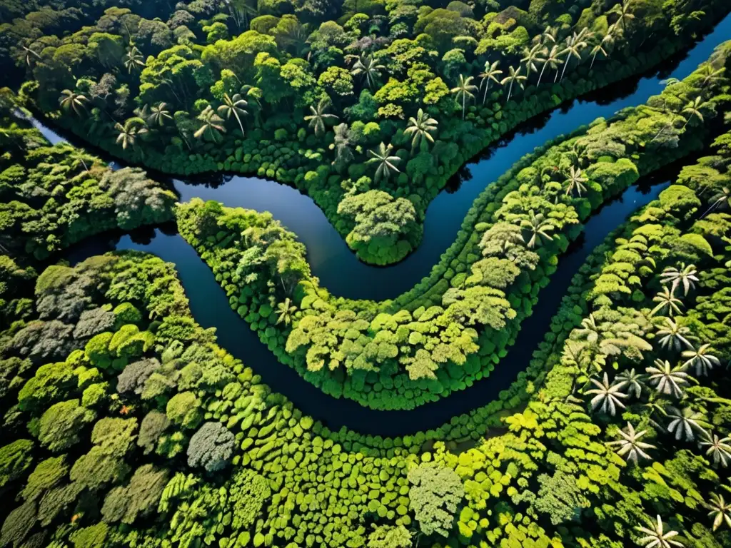 Vista aérea de exuberante selva con río, vida silvestre y luz filtrándose