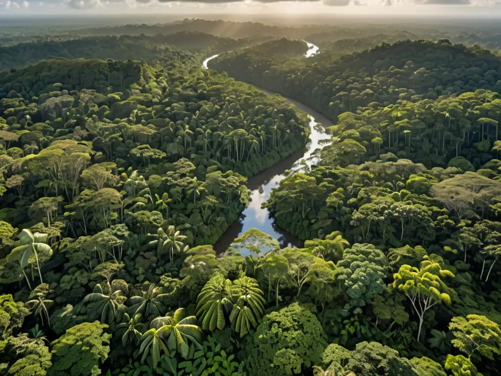 Vista aérea de exuberante selva con rayos de sol entre el follaje