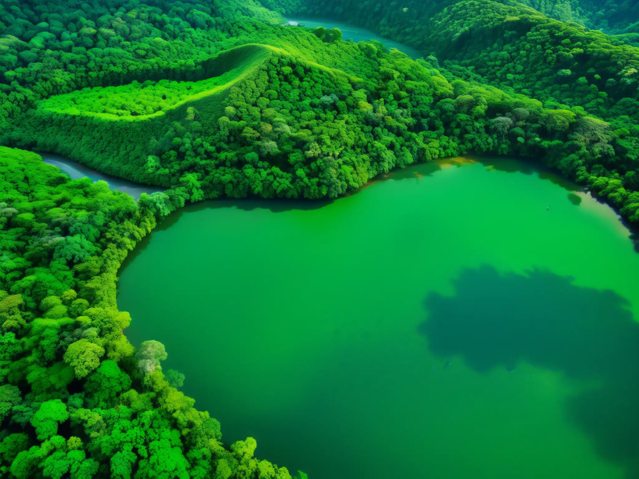 Vista aérea de exuberante selva con diversidad de flora y fauna, destacando la biodiversidad en conflictos éticos de explotación de recursos naturales