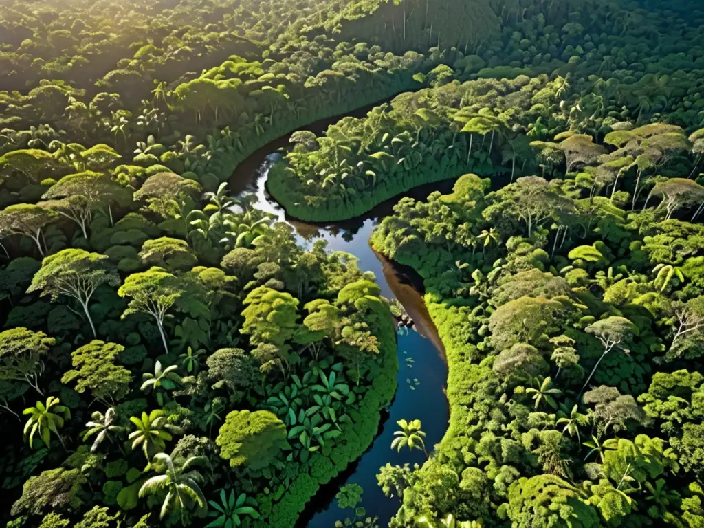 Vista aérea de exuberante selva con diversa flora y fauna