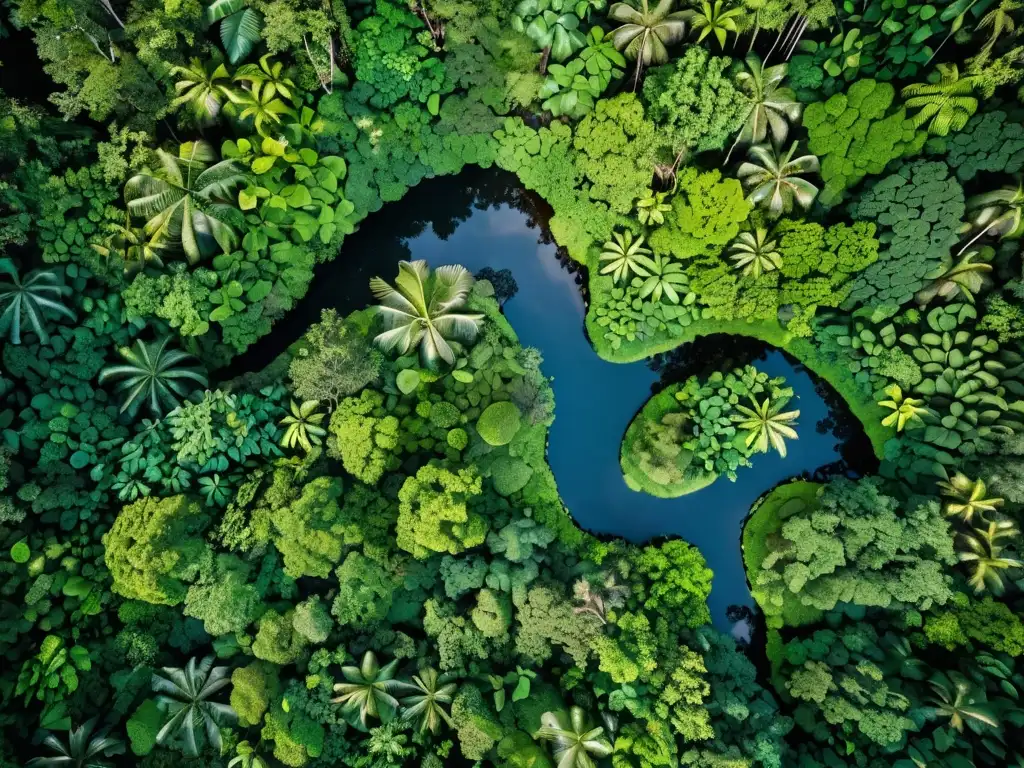 Vista aérea de exuberante selva tropical con diversa vegetación y río serpenteante