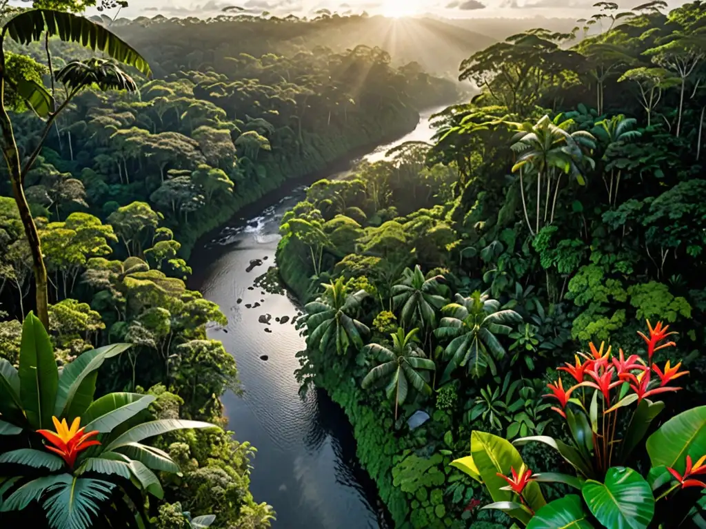 Vista aérea de exuberante selva con río serpenteante, flores tropicales y neblina entre copas de árboles