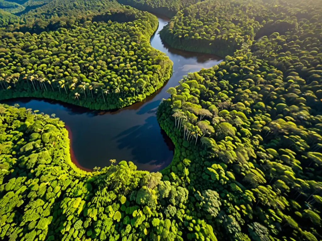 Vista aérea de exuberante selva y río, hogar de comunidades indígenas en territorios afectados por desplazamiento forzado y conflictos armados