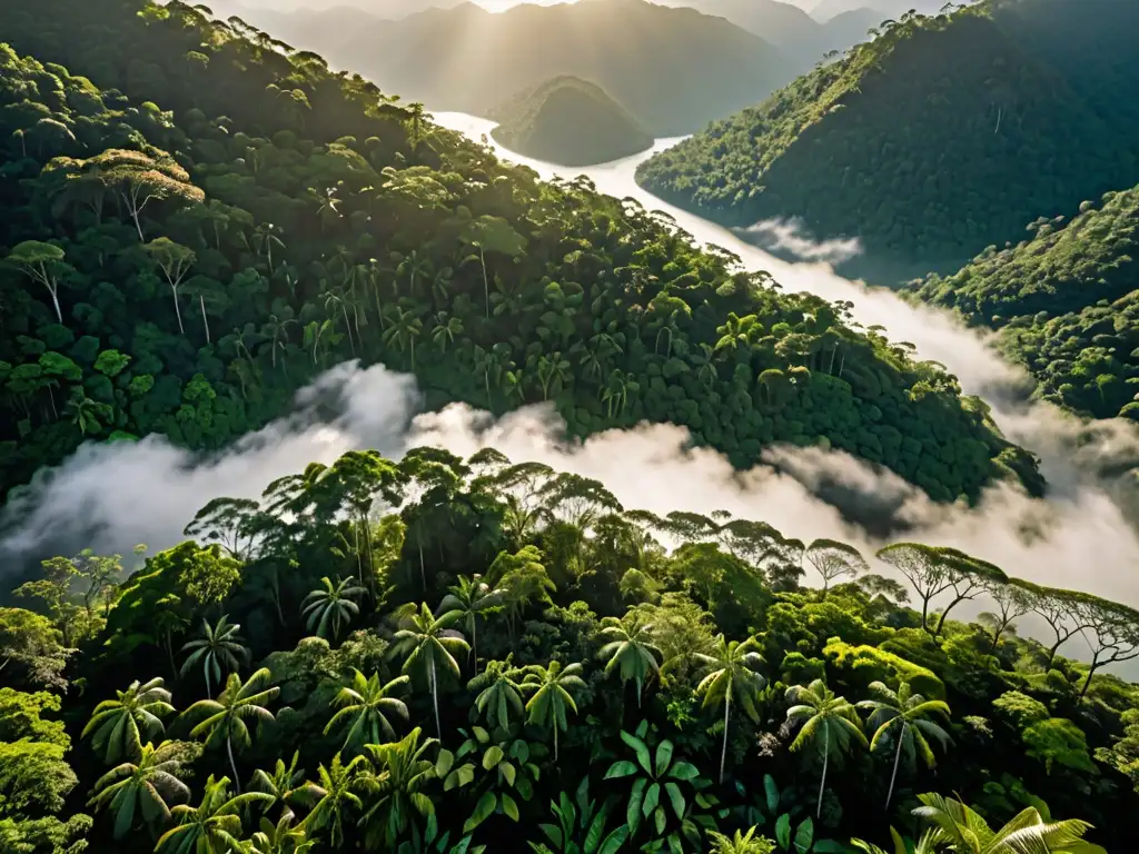 Vista aérea de exuberante selva con río, biodiversidad y montañas envueltas en neblina, resalta justicia climática equidad derecho