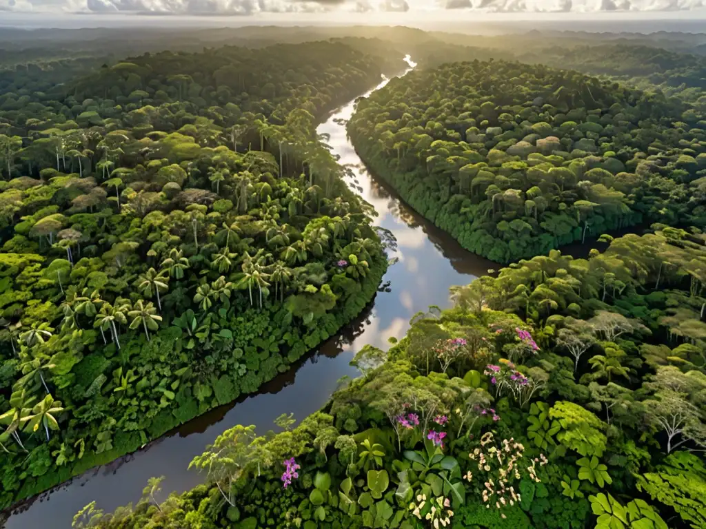 Vista aérea de exuberante selva con río serpenteando entre el denso dosel verde