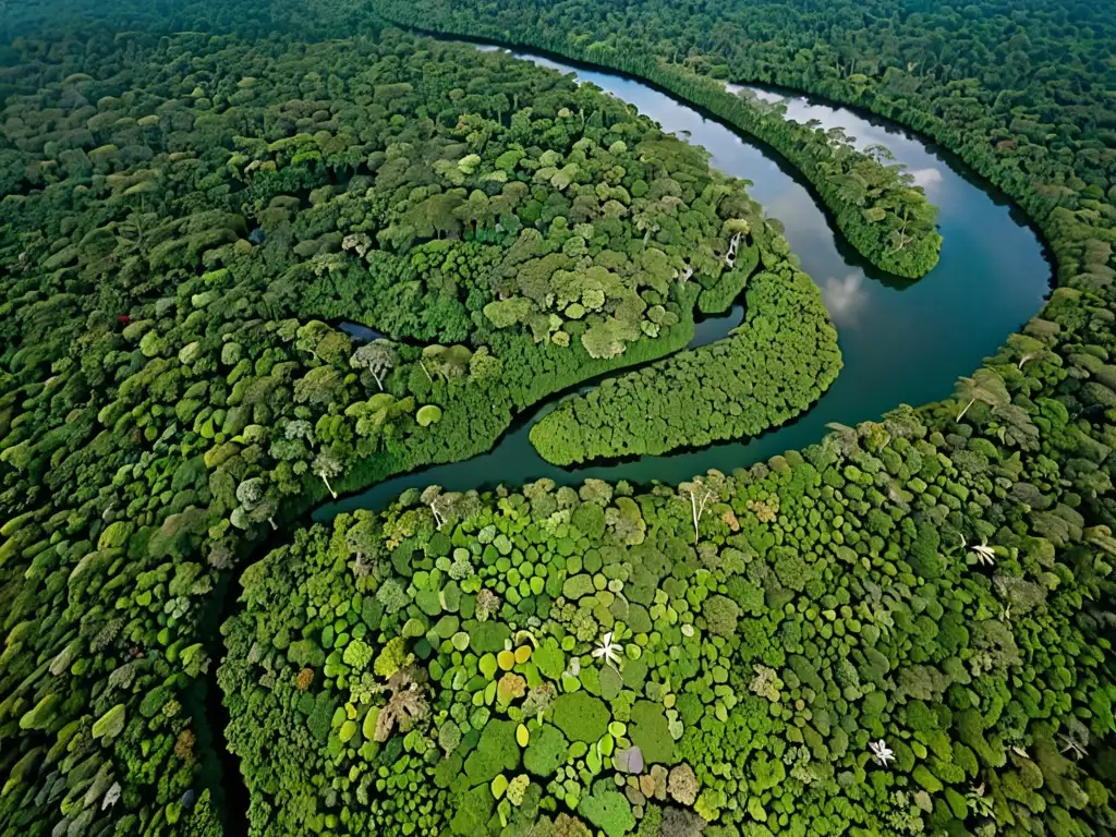 Vista aérea de exuberante selva con río y comunidades indígenas, mostrando la conexión entre cosmovisión indígena y conservación ambiental