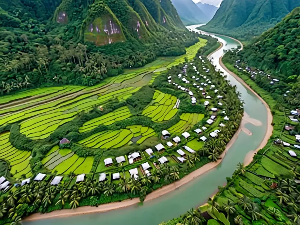 Vista aérea de una exuberante selva con río, montañas y una aldea indígena