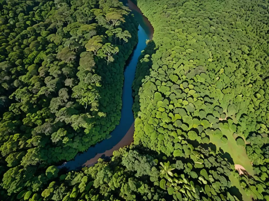 Vista aérea de una exuberante selva con río serpenteante y aldea indígena