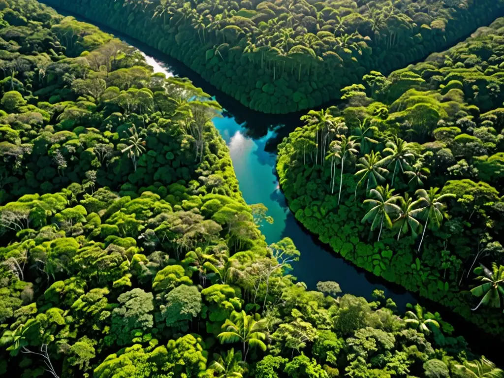 Vista aérea de exuberante selva tropical con río serpenteante