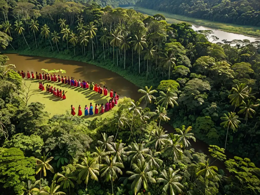 Vista aérea de exuberante selva con río serpenteante, pueblos indígenas y mujeres en diálogo, protección legal territorios mujeres indígenas