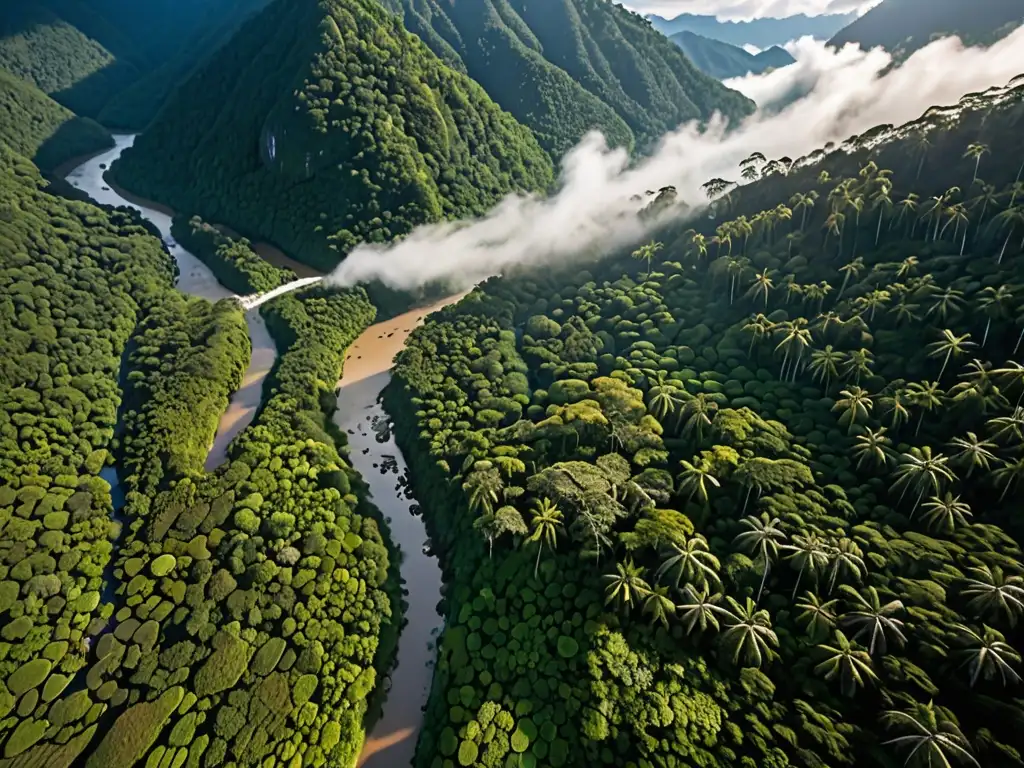 Vista aérea de una exuberante selva con un río serpenteante, rodeada de montañas entre la neblina