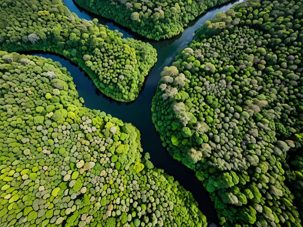 Vista aérea de exuberante selva mexicana con diversidad de plantas y río serpenteante