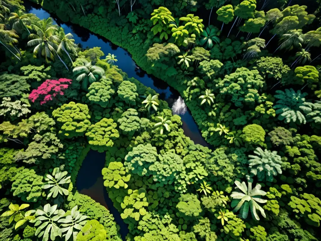 Vista aérea de exuberante selva tropical con diversa flora y ríos