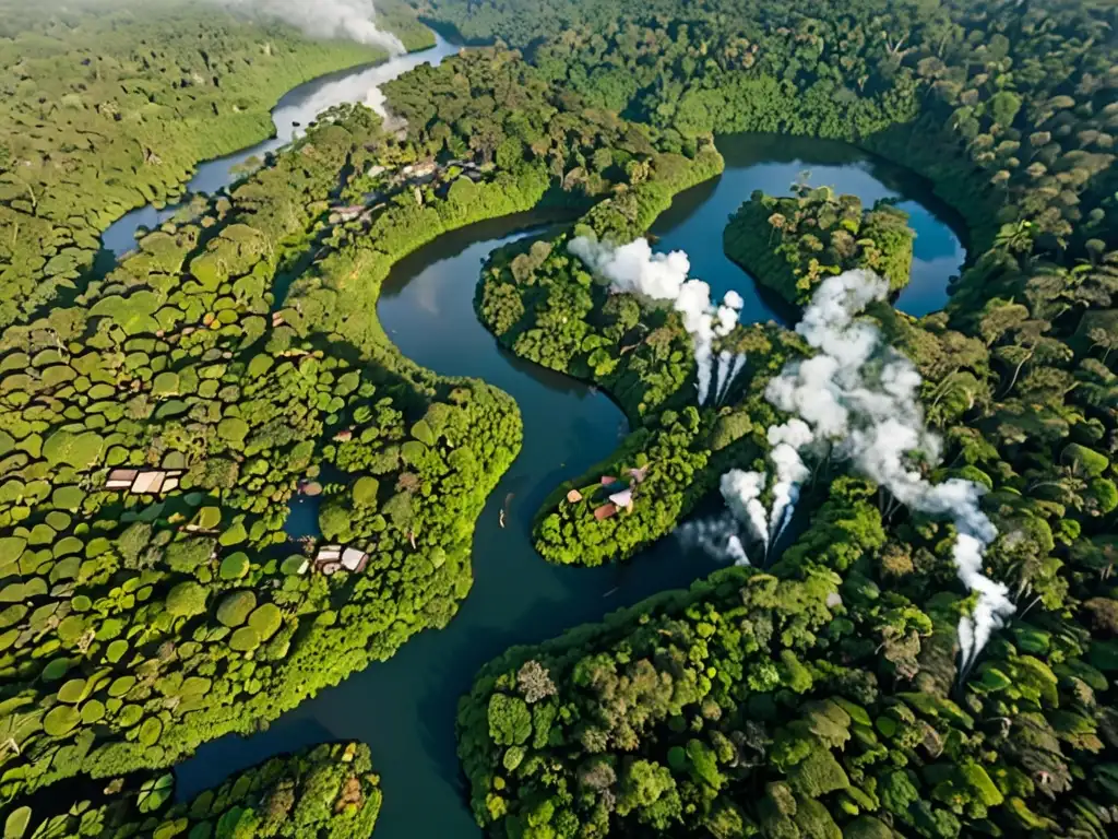 Vista aérea de exuberante selva con río serpenteante y aldea indígena, resaltando la preservación de tierras indígenas y el derecho ambiental