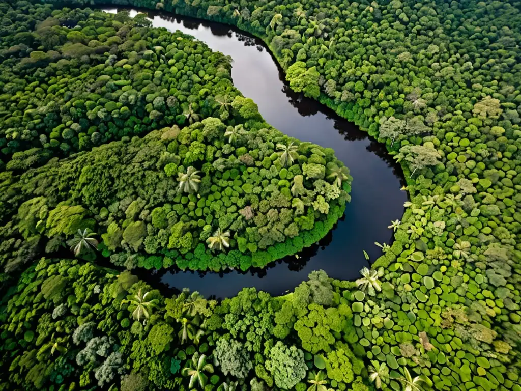 Vista aérea de exuberante selva con río serpenteando, resaltando la diversidad y belleza natural